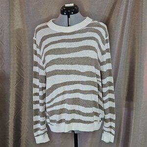 A New Day, Taupe and Cream, Zebra Stripe Pattern, Long Sleeve, Top, Size: L